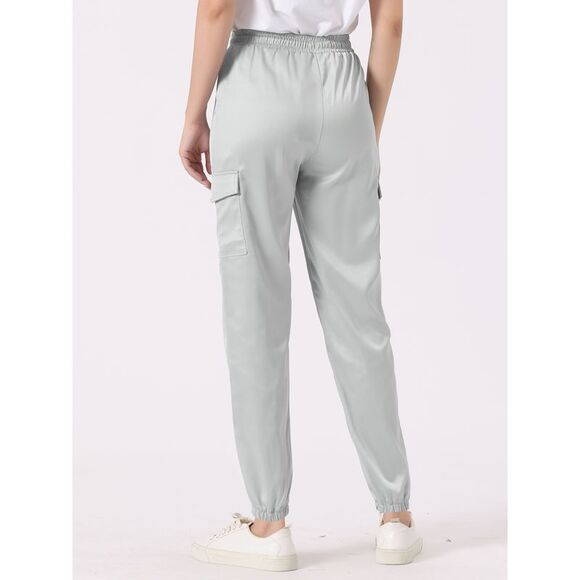 Satin Joggers Drawstring Elastic High Waist Shiny Silky Cargo Pants Light Grey - Picture 4 of 6